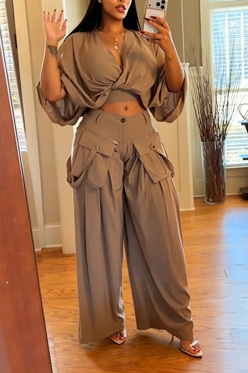 Women's Fashion Batwing Top or Detachable Pocket Wide Leg Pants