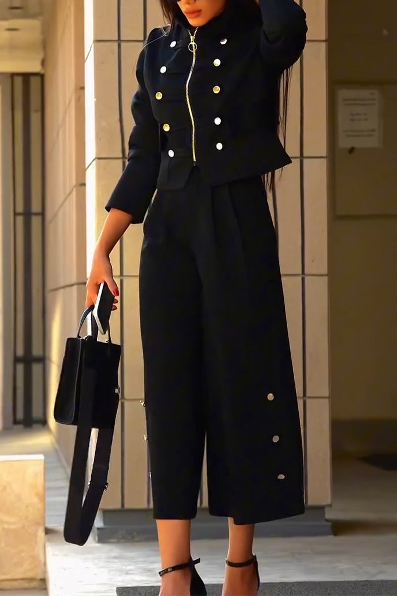 Women's Round Neck Double Breasted Zipper Jacket+ Pants Casual Set