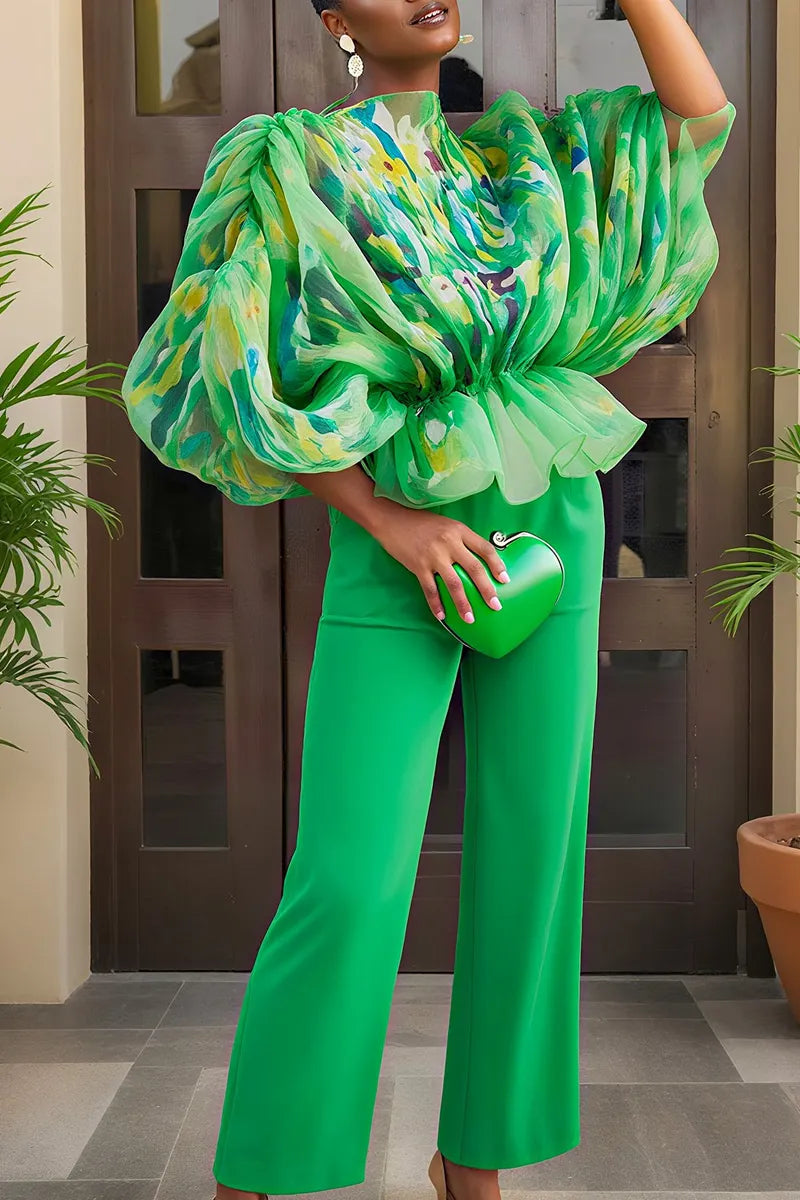 Women's Statement Chiffon Blouse with Abstract Floral Print & Balloon Sleeves