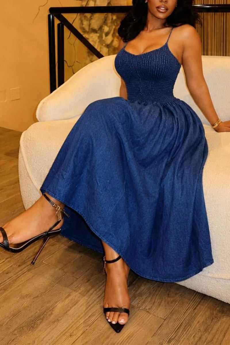 Women's Elegant Slim Spaghetti Strap A-Line Denim Maxi Dress