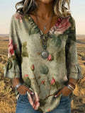 Women's Vintage Floral Print Casual V-Neck Ruffled Denim Shirt