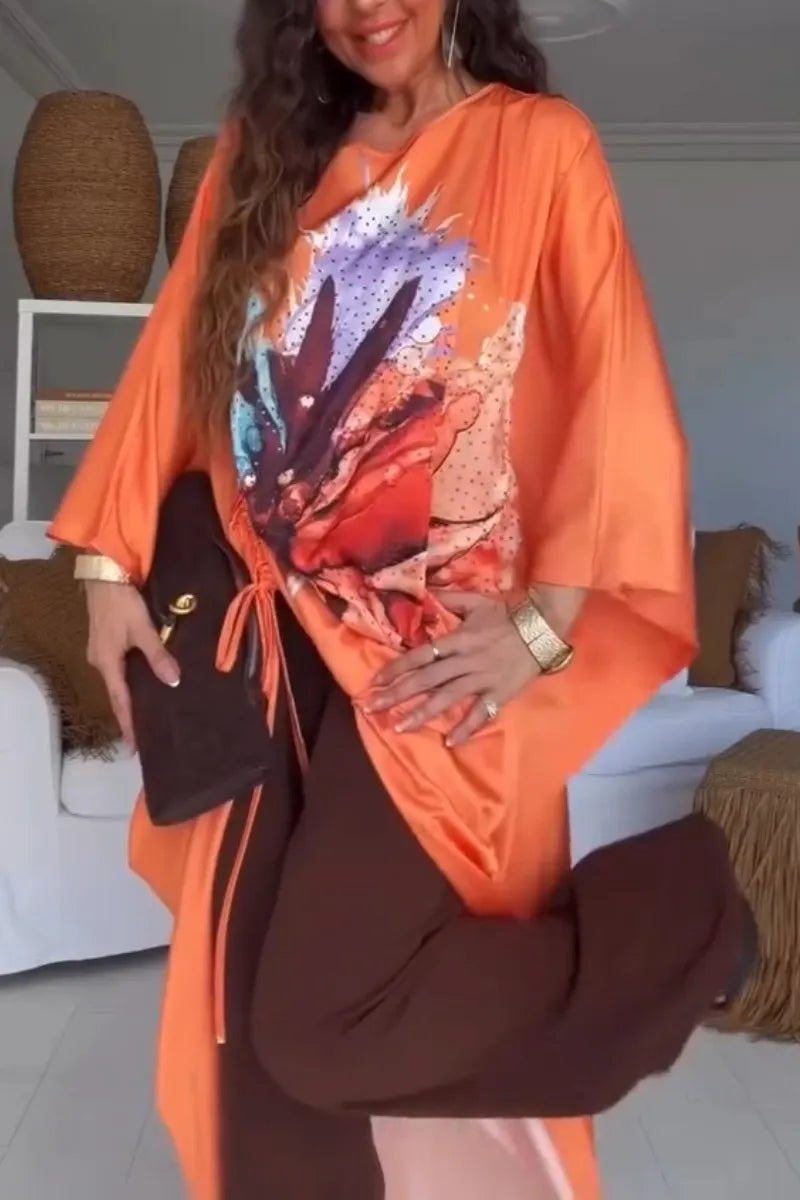 Women Round Neck Drawstring Printed Irregular Long Top+ Pants Casual Suit