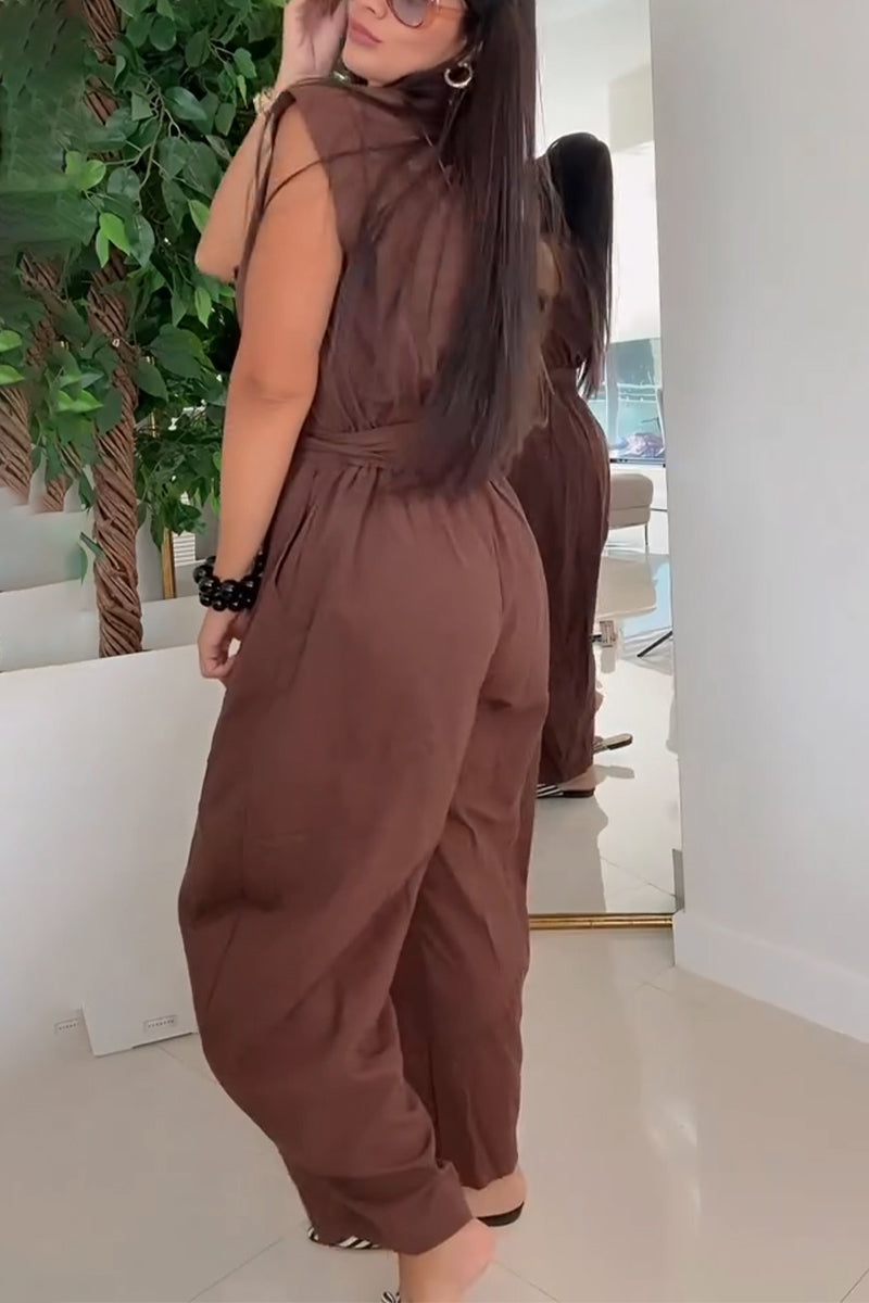 Women's Round Neck Double Breasted Waist Cinched Casual Jumpsuit