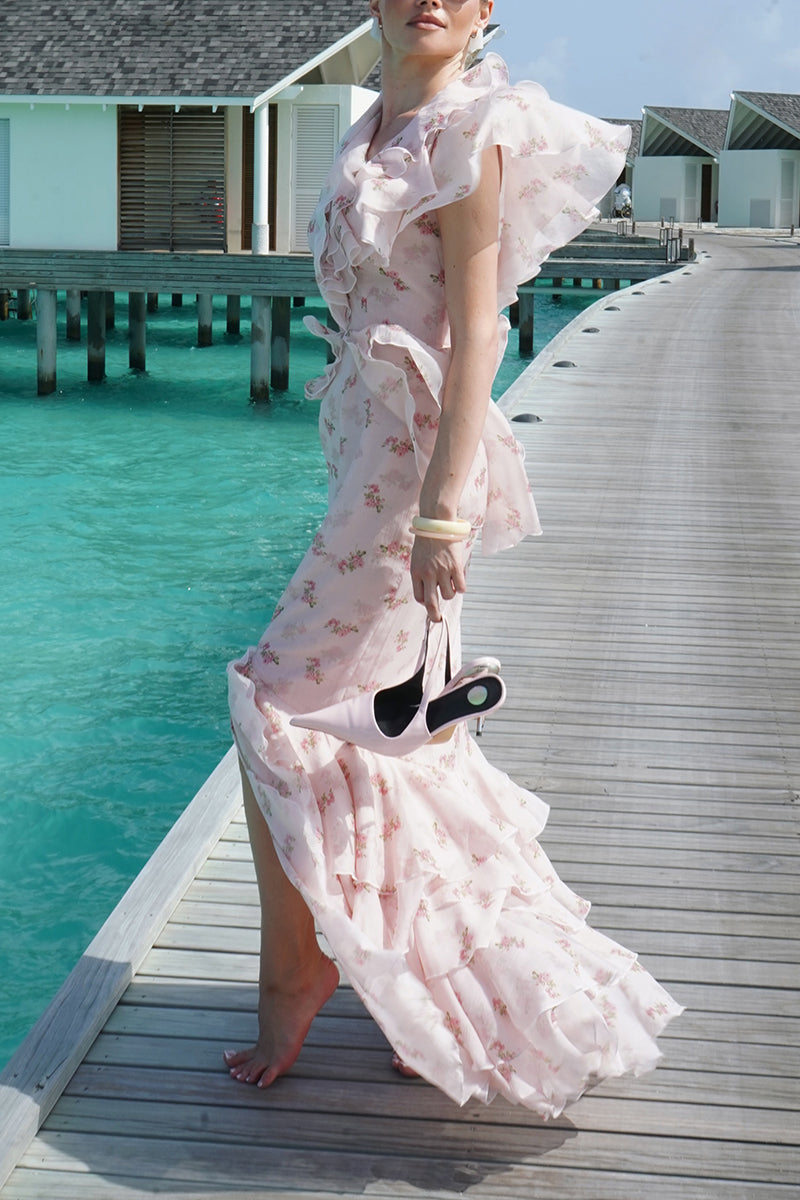 Women's Elegant Vacation Print Tiered Ruffle Hem Maxi Dress