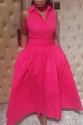 Women's Collar and Waist Strap Solid Color Elegant Casual Dress