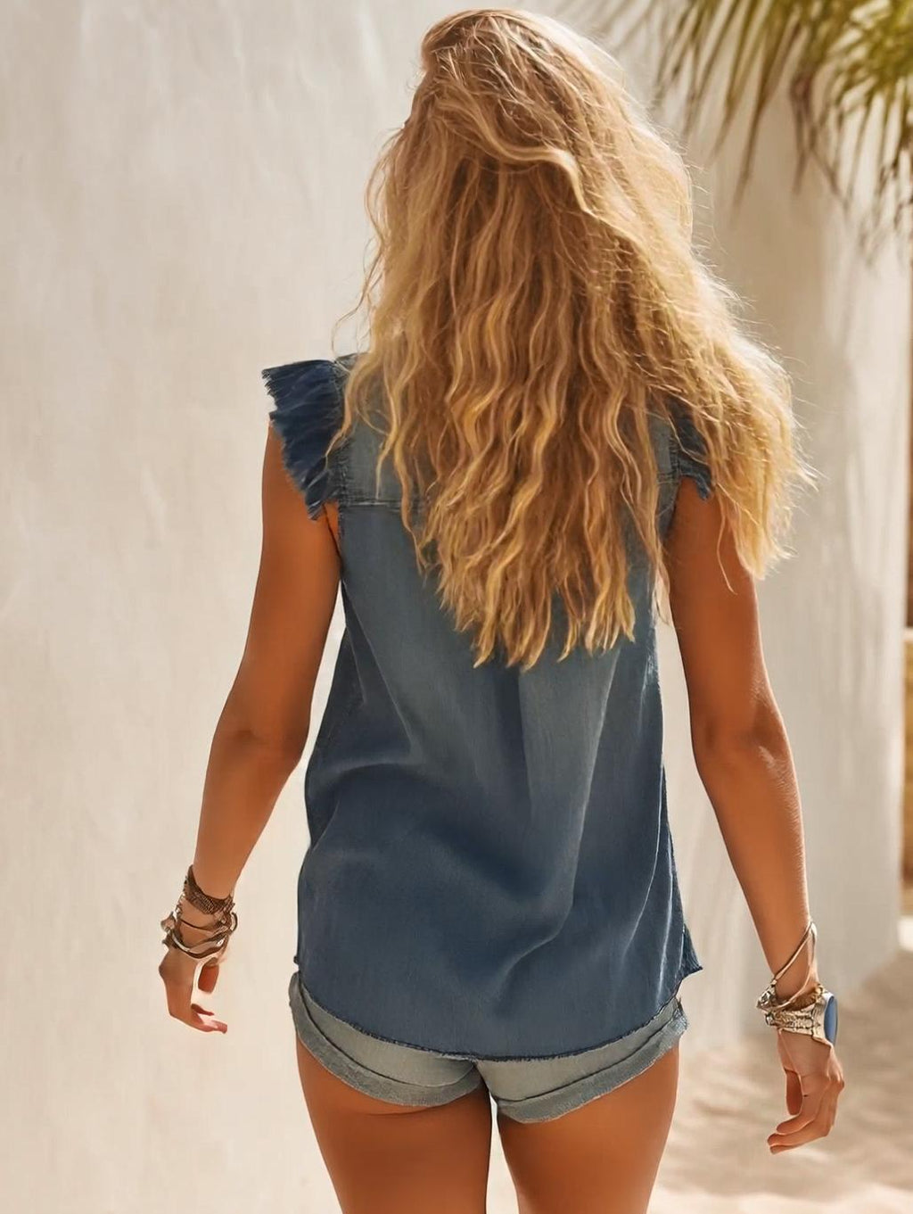 Bohemian Denim V-neck Button-down Ruffled Vest