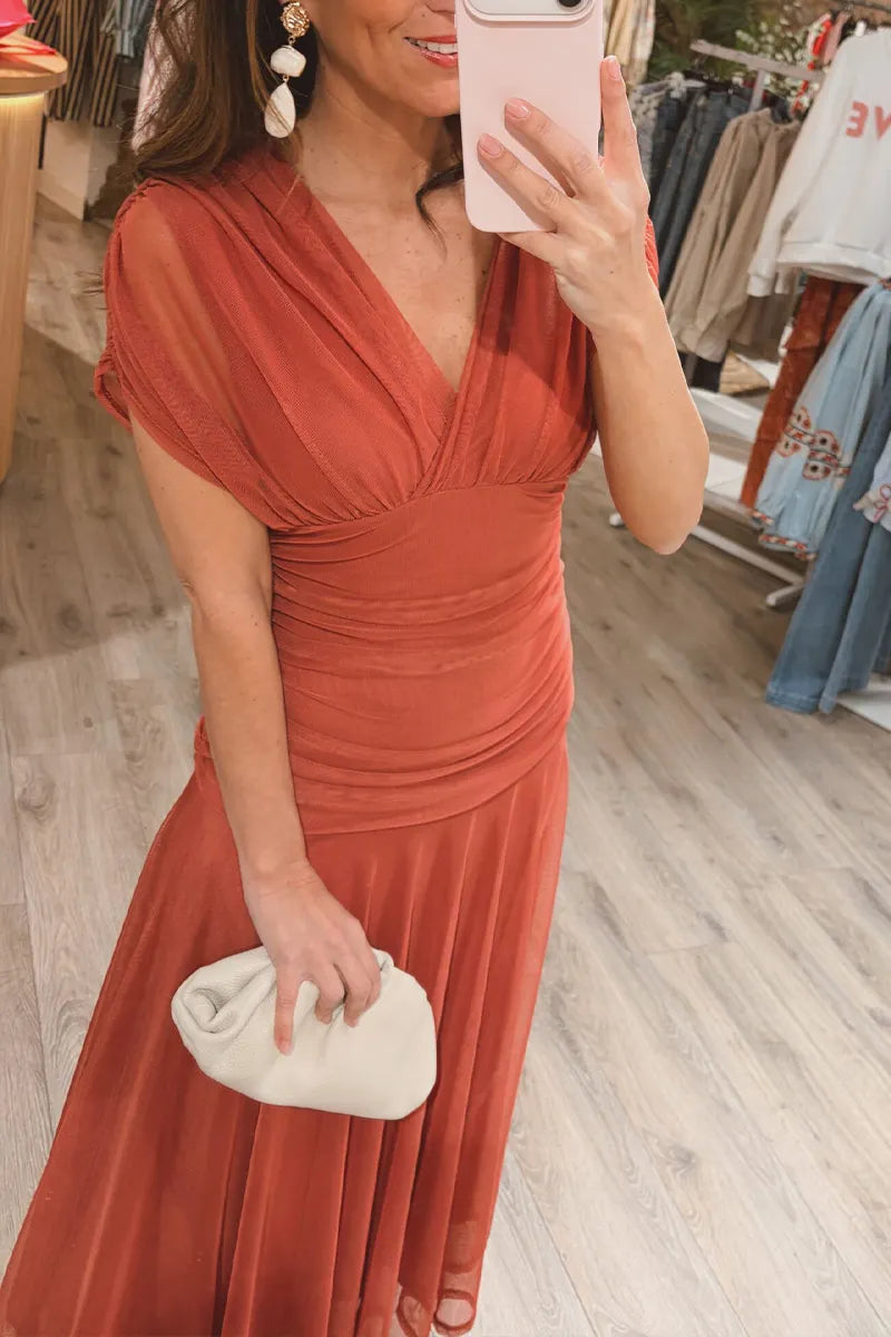 Women V-neck Waist Cinching Solid Color Elegant Casual Maxi Dresses