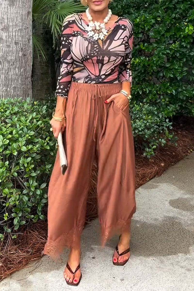 Women's Casual Round Neck Printed Top or Drawstring Wide Leg Pants