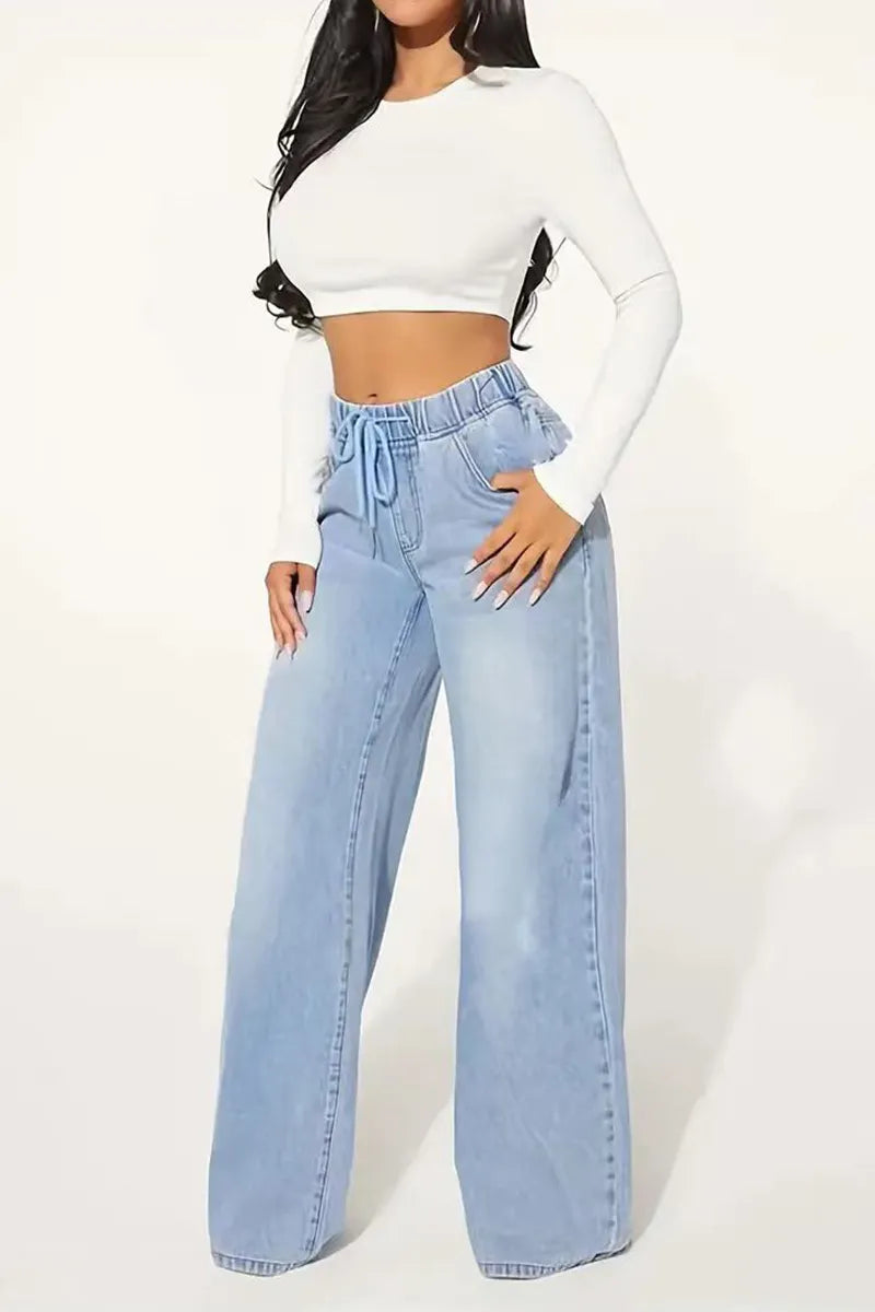 Waisted Drawstring Wide Leg Denim Jeans
