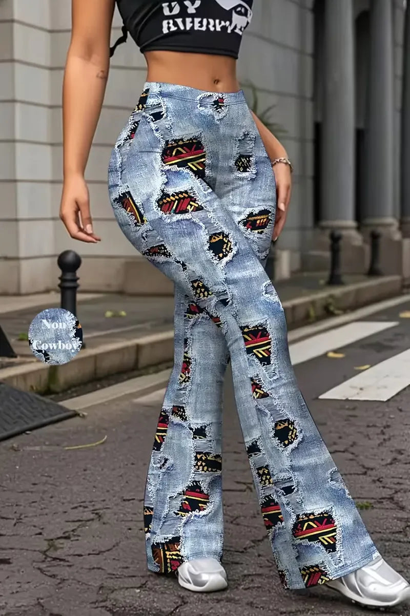 Women's  Streetwear Aztec Patchwork Print Distressed Flare Denim Trousers