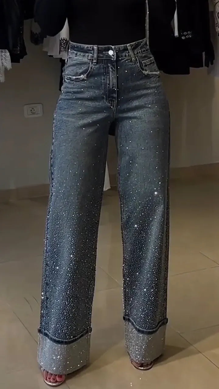Women's Rolled-up Hem Jeans with Rhinestone Design