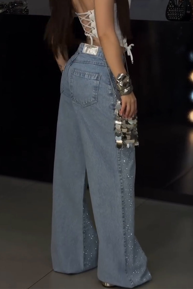 Women's Hot Stamping Rhinestone Casual Wide Leg Jeans