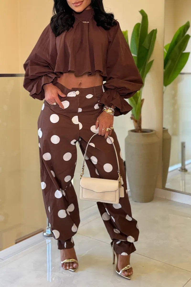 Women's Casual Puff Sleeve Top Elastic Cuff Polka Dot Pants Two-Piece Set