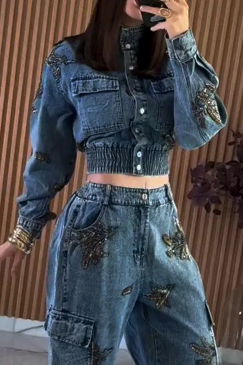 Women's Standing Collar Buckle Patchwork Pattern Denim Jacket or Jeans