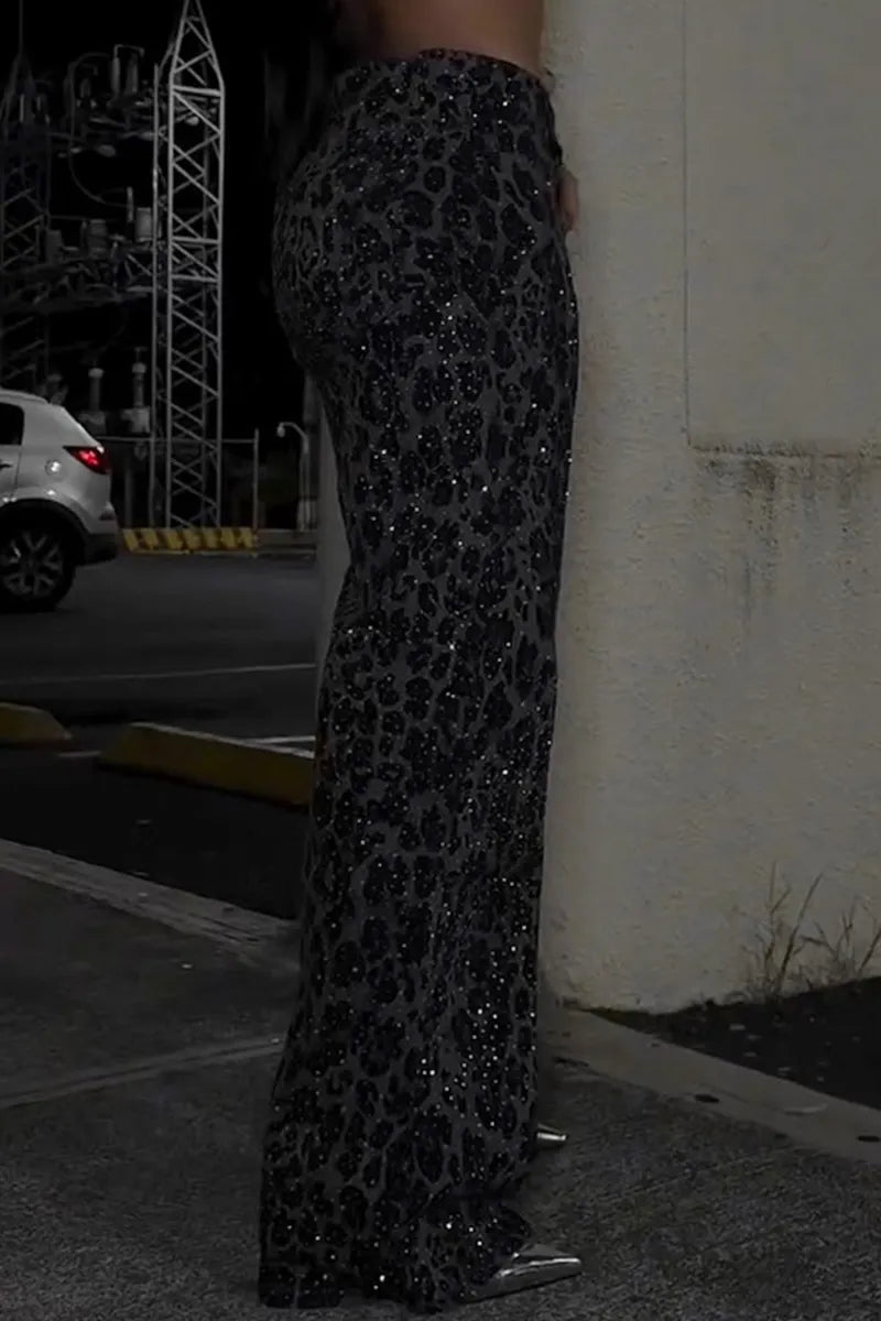 Lady's Leopard Print Rhinestone Jeans