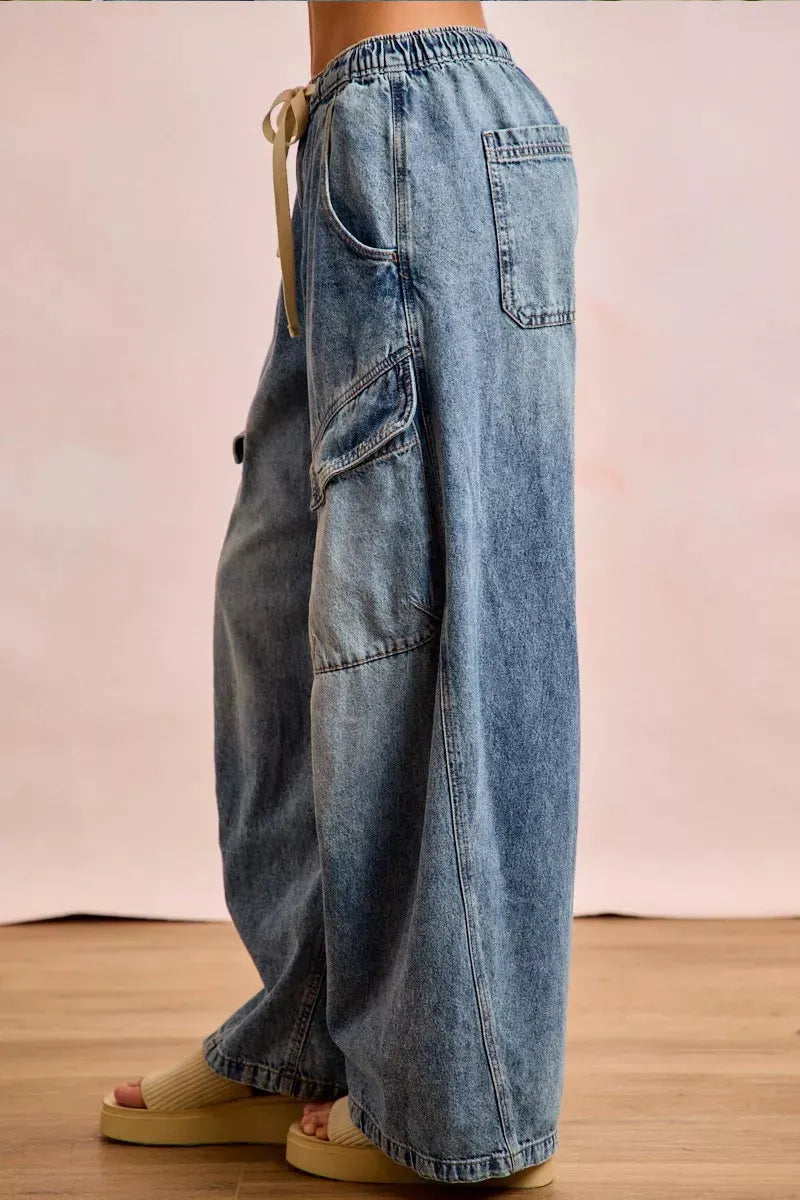Women's Casual Wide Leg Drawstring Jeans With Multiple Pockets