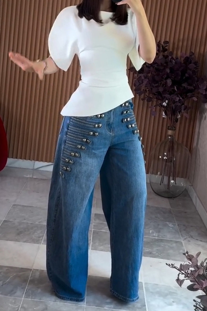 Women's Fashion Round Sleeve Top or Button Decoration Jeans