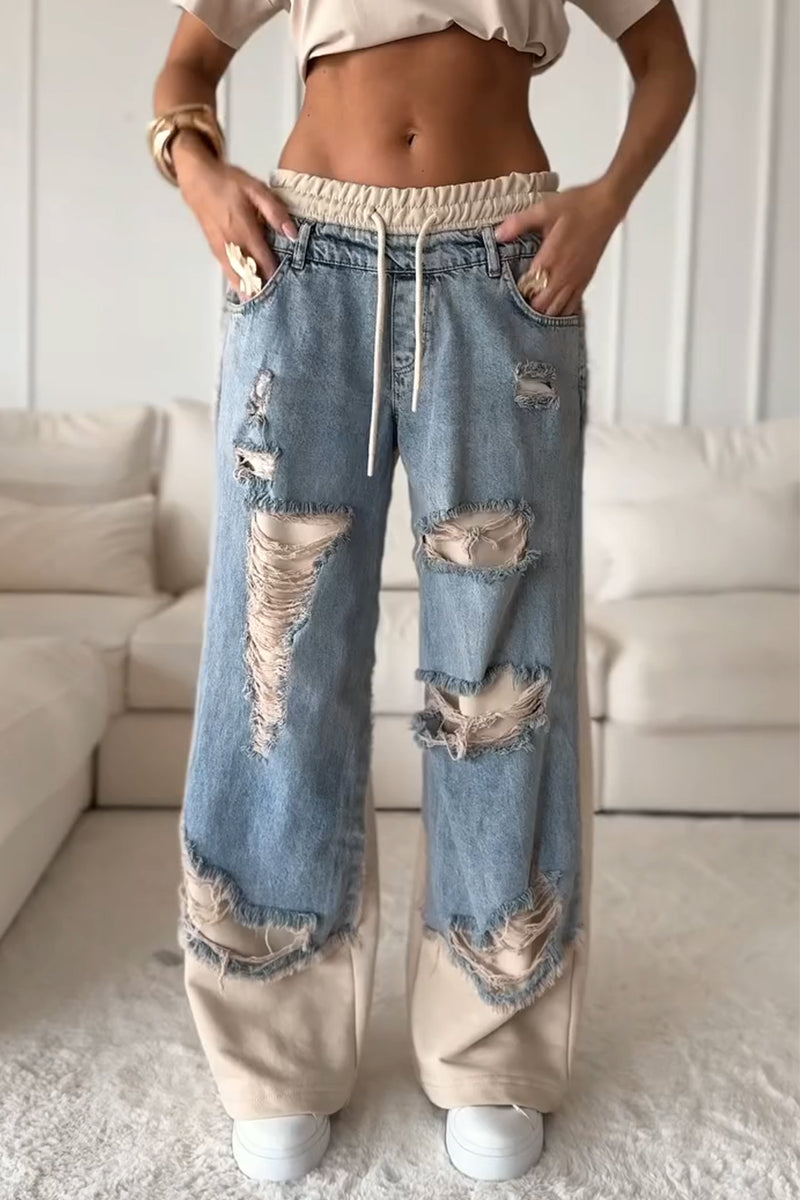 Women's Patchwork Ripped Drawstring Casual Pants