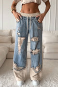 Women's Patchwork Ripped Drawstring Casual Pants
