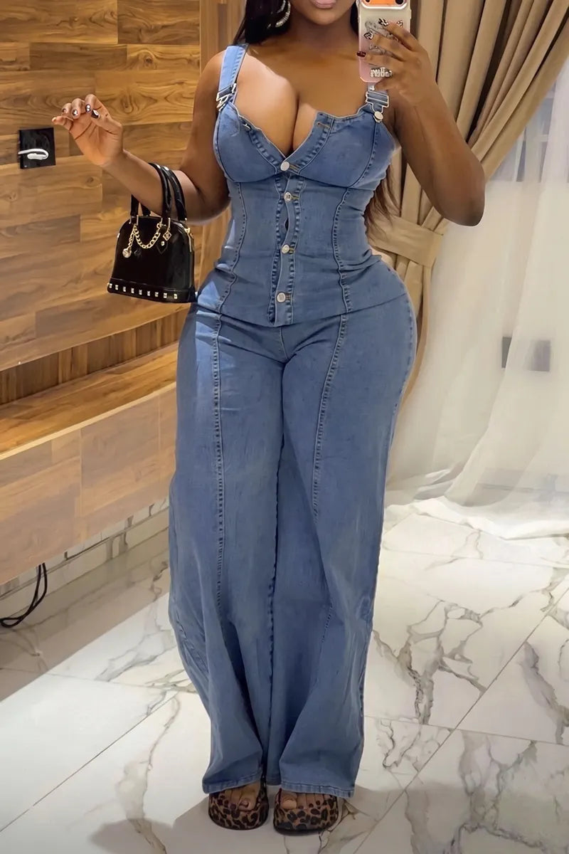 Women's Button-Front Denim Jumpsuit with Corset Top & Wide Leg Pants