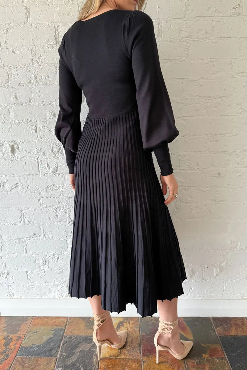 Ladies U-neck Patchwork Pleated Elegant Casual Dress