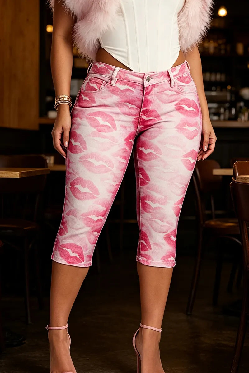 Women's Lip Print Casual Denim Cropped Pants