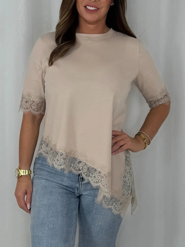 Women Round Neck Patchwork Lace Irregular Casual Top