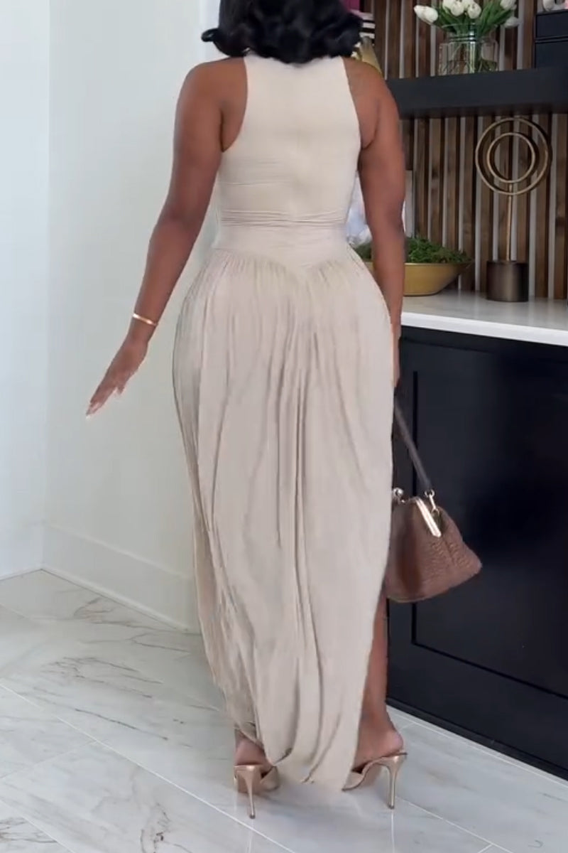 Women's Round Neck Sleeveless Spliced Side Slit Elegant Casual Dress