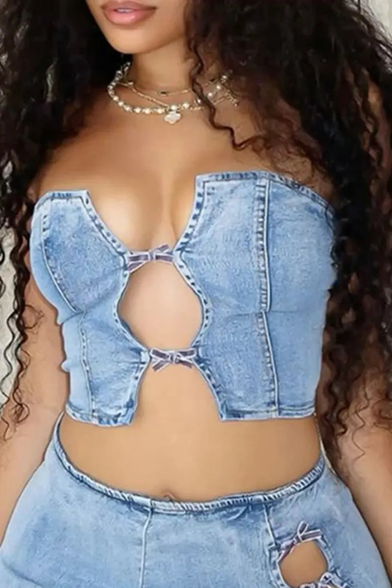 Ladies' Fashionable Casual Sexy Denim Top And Denim Shorts