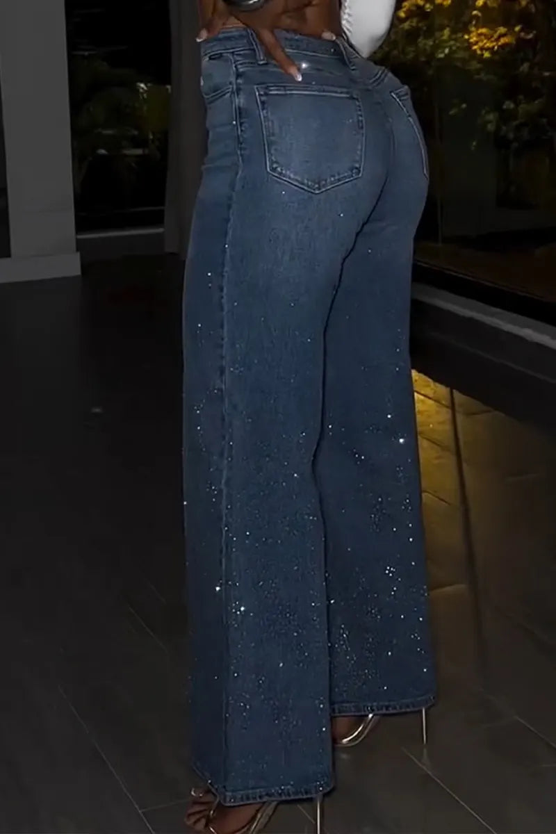 Women's Fashion Rhinestone Trim Wide Leg Jeans