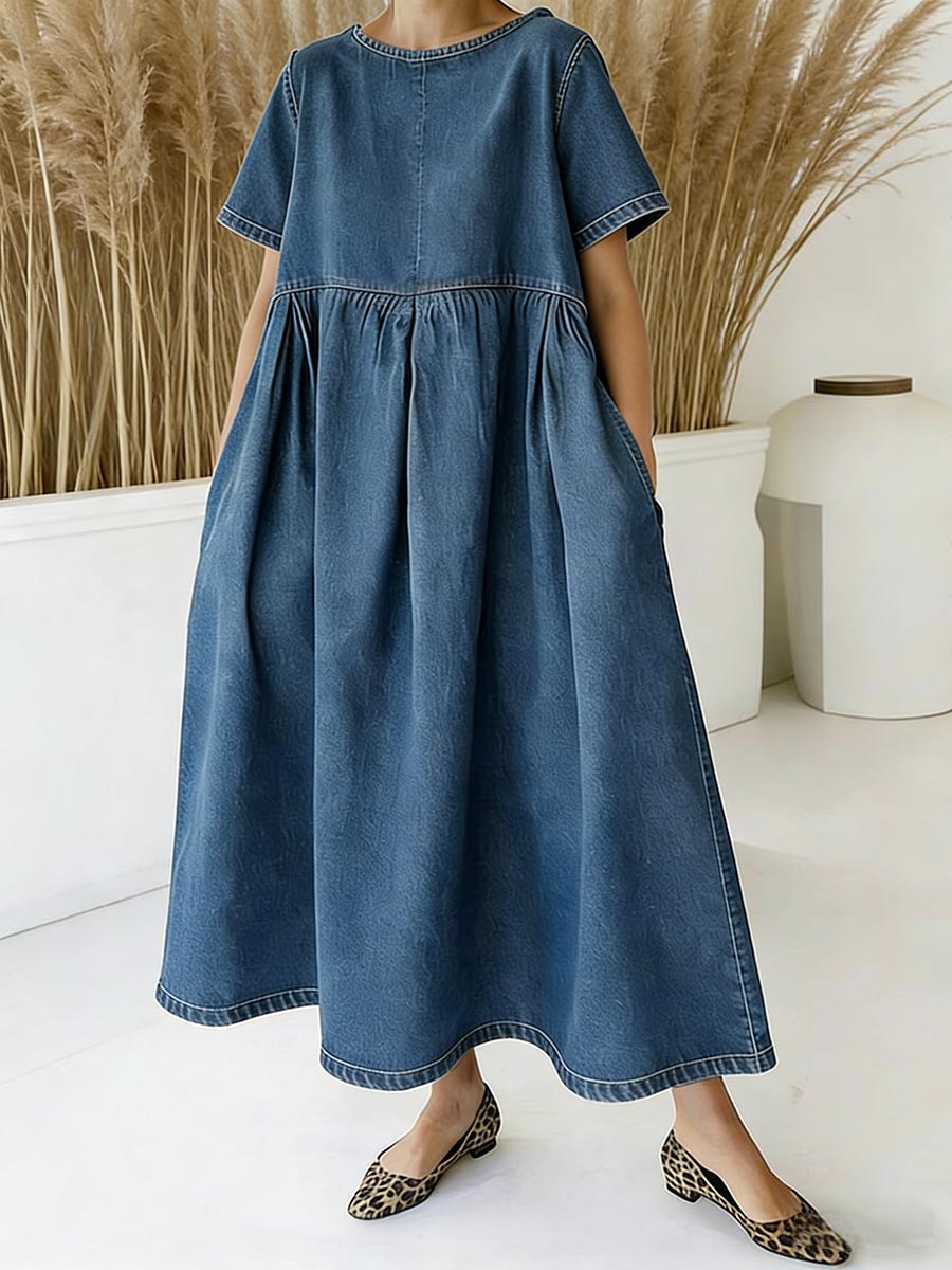Women's Round Neck Short-sleeved Casual Loose Denim Dress