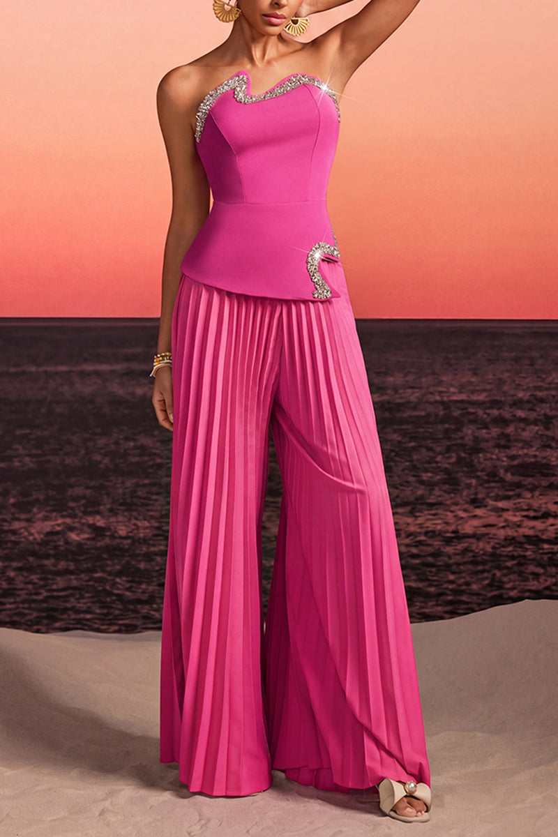 Women's Elegant Party Shiny Rhinestone Strapless or Pleated Pants Two-Piece Set