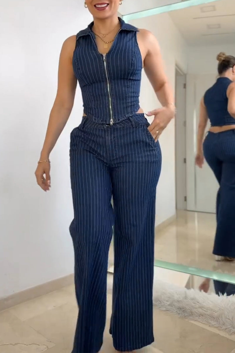 Women's Casual Stripe Zipper Vest or Wide Leg Jeans