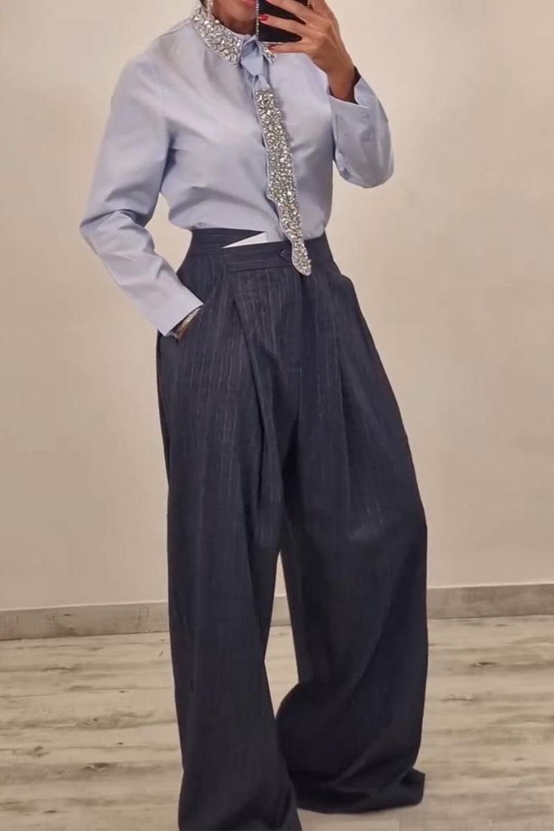 Women's Fashion Rhinestone Neckline Shirt with Belt or Stripe Suit Pants