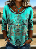 Women's Vintage Print Casual Hollow Denim Shirt