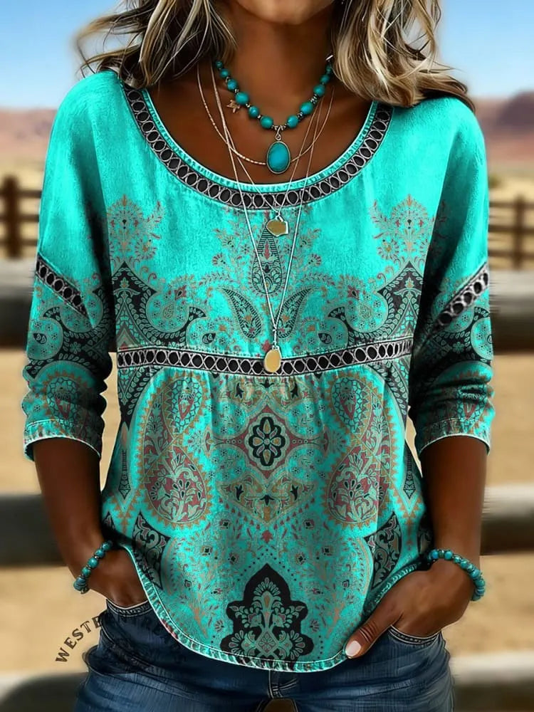 Women's Vintage Print Casual Hollow Denim Shirt