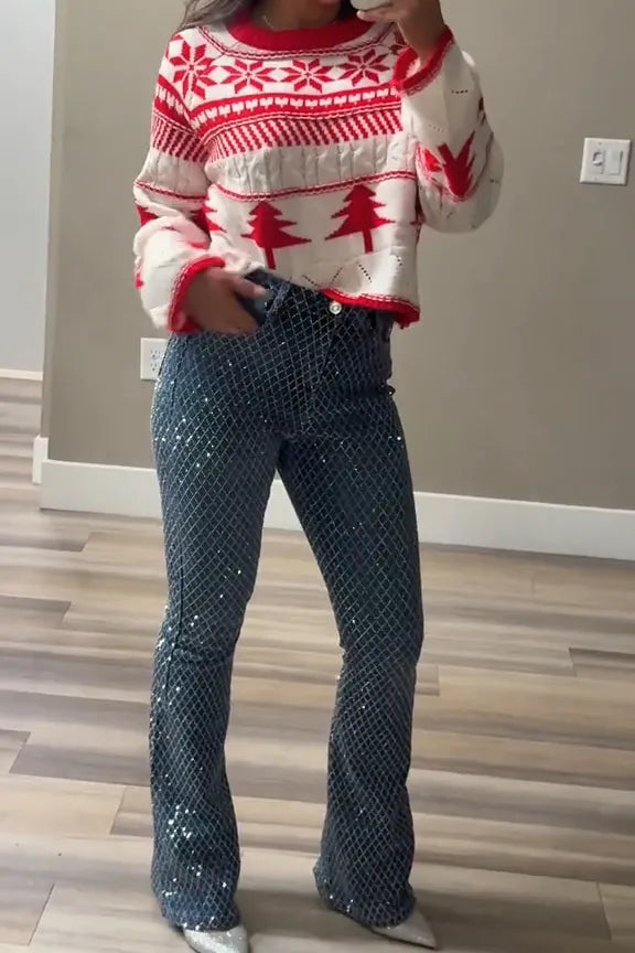 Women's Fashion Sparkling Plaid Rhinestone Jeans