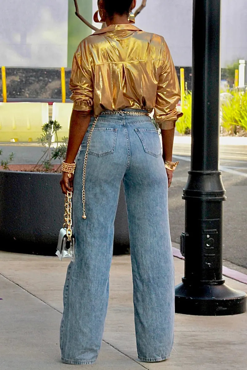 Women Shiny Gold Metallic Fabric Lapel Long Sleeve Oversized Button Shirt