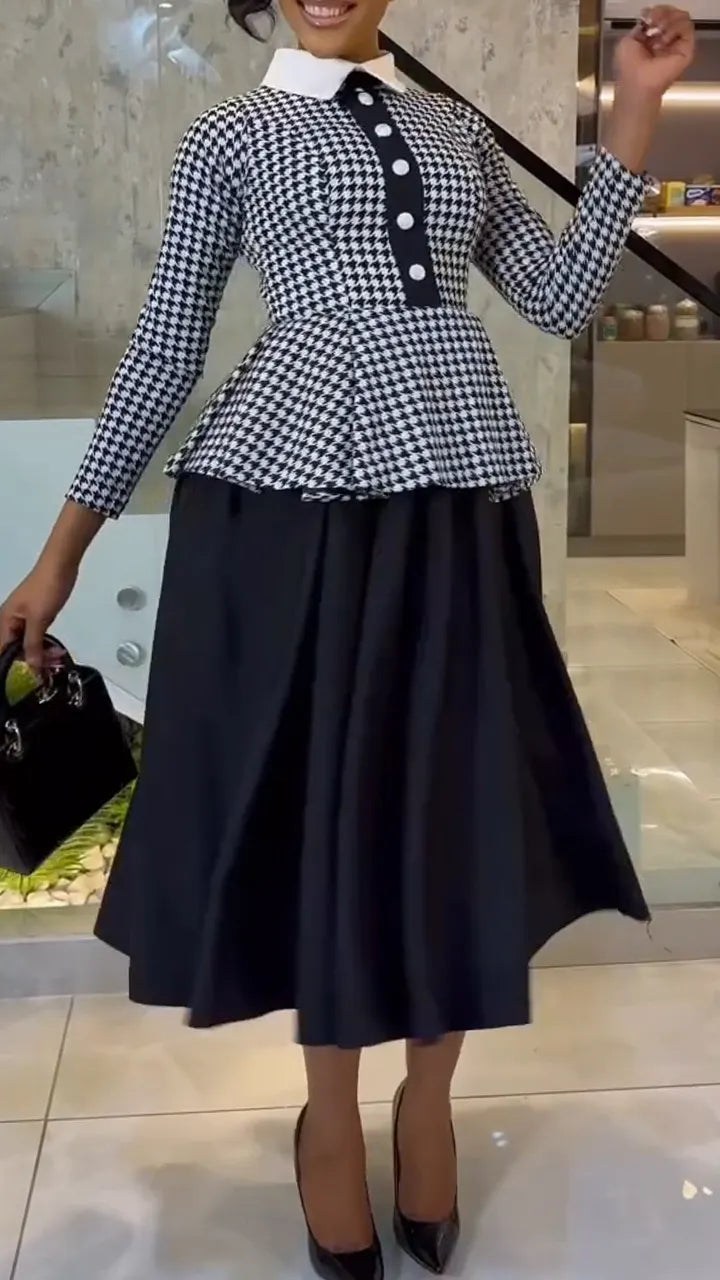 Women Collar Print Patchwork Fake Two Elegant Temperament Dresses