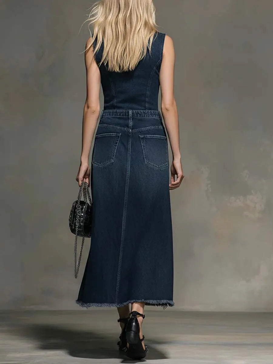 Women's V-neck sleeveless denim top and high-waisted casual loose denim skirt set