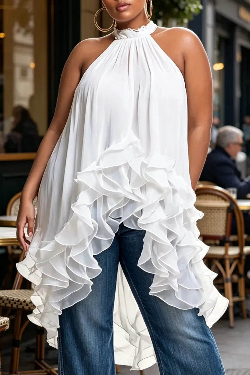 Women Neck Hanging Solid Color Ruffle Irregular Casual Top
