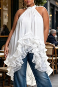 Women Neck Hanging Solid Color Ruffle Irregular Casual Top