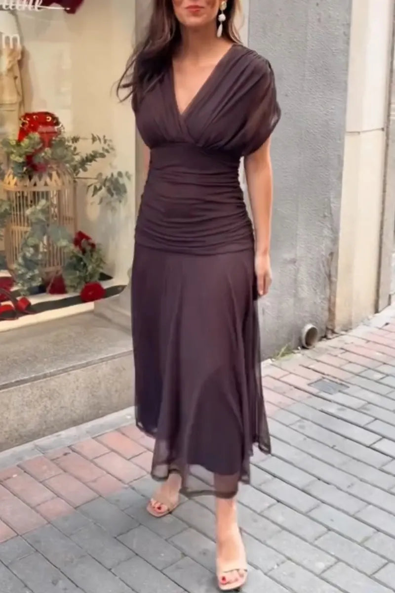 Women V-neck Waist Cinching Solid Color Elegant Casual Maxi Dresses