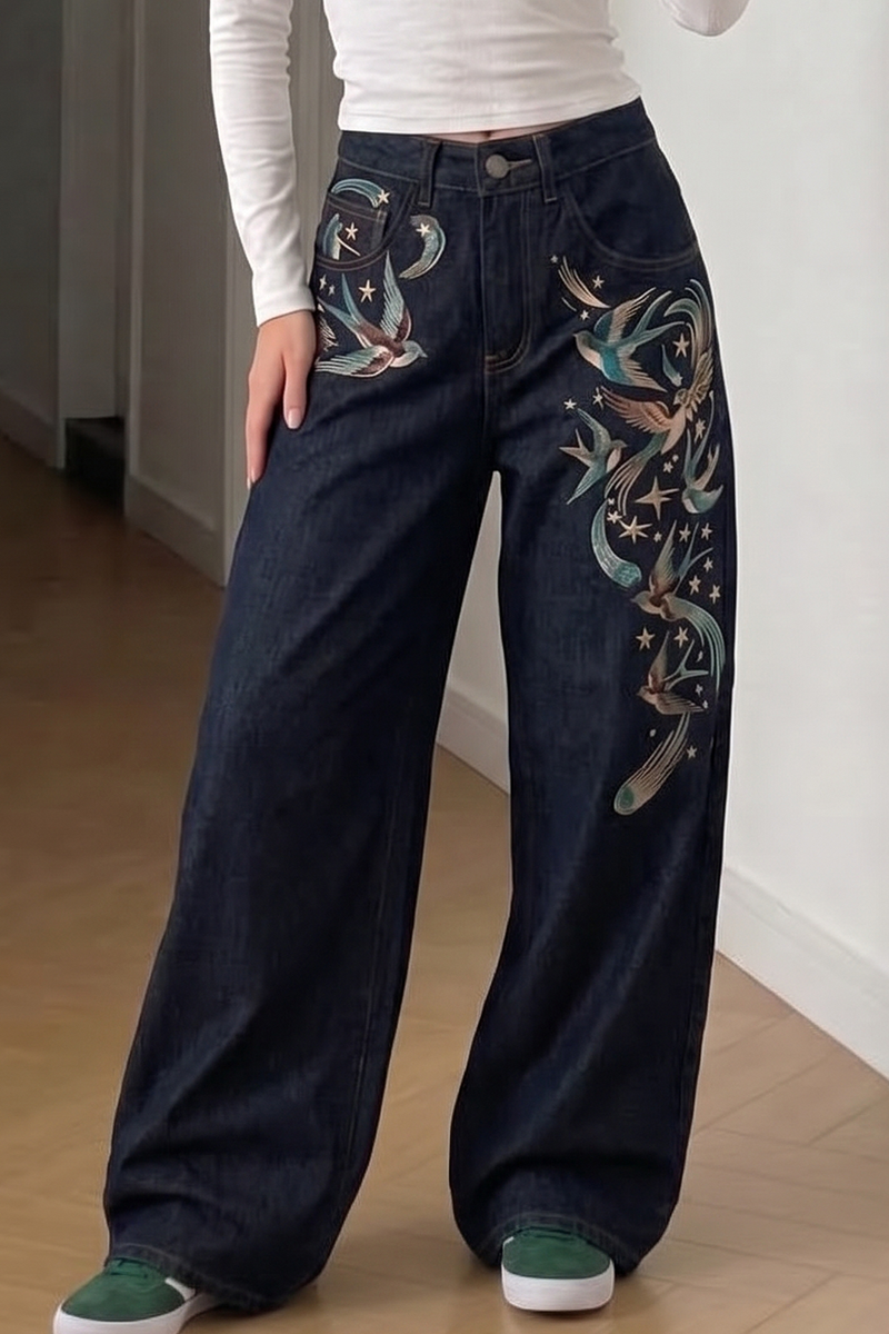 Women's Vintage Bird Embroidered Wide Leg Jeans High Rise Loose Baggy Dark Wash Denim Pants
