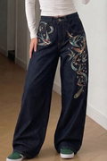 Women's Vintage Bird Embroidered Wide Leg Jeans High Rise Loose Baggy Dark Wash Denim Pants