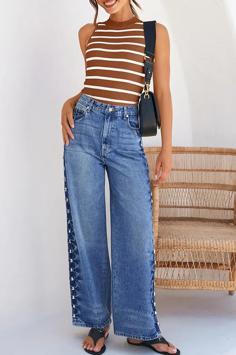Women's Stylish Metal Rivet Embellished Straight Leg  Jeans