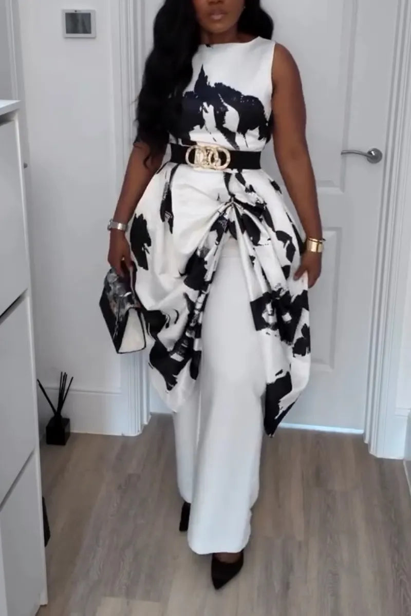Women's Round Neck Printed Sleeveless Dress or Casual Wide Leg Pants