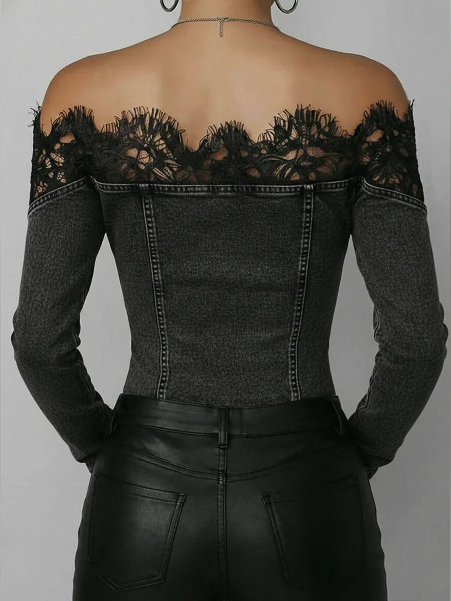 Fashionable Patchwork Lace Denim Top