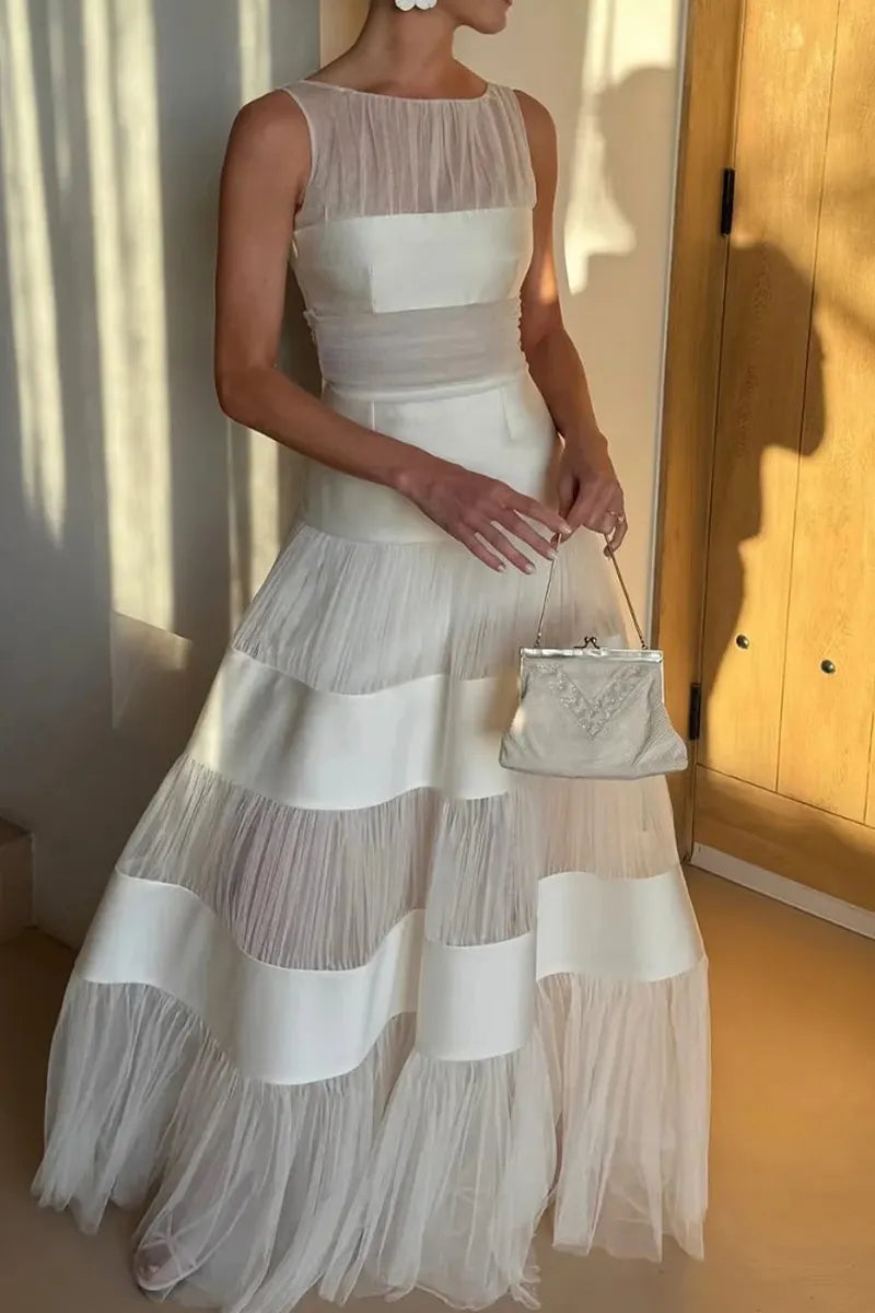 Women's Round Neck Sleeveless Mesh Patchwork Elegant Temperament Dress