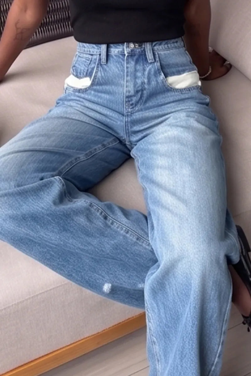 Women's Casual Wide Leg Jeans With Pocket Paneling